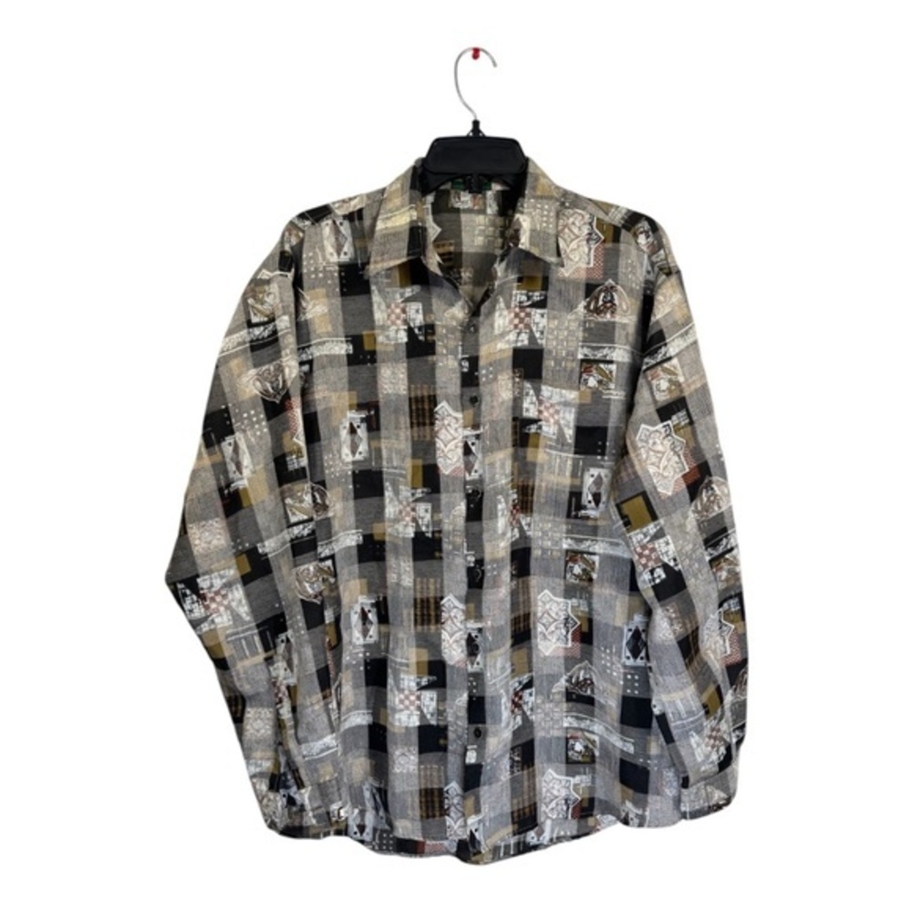 Barney Miller Shirt Mens Size Large Brown Gold Button Down Casual Art to Wear